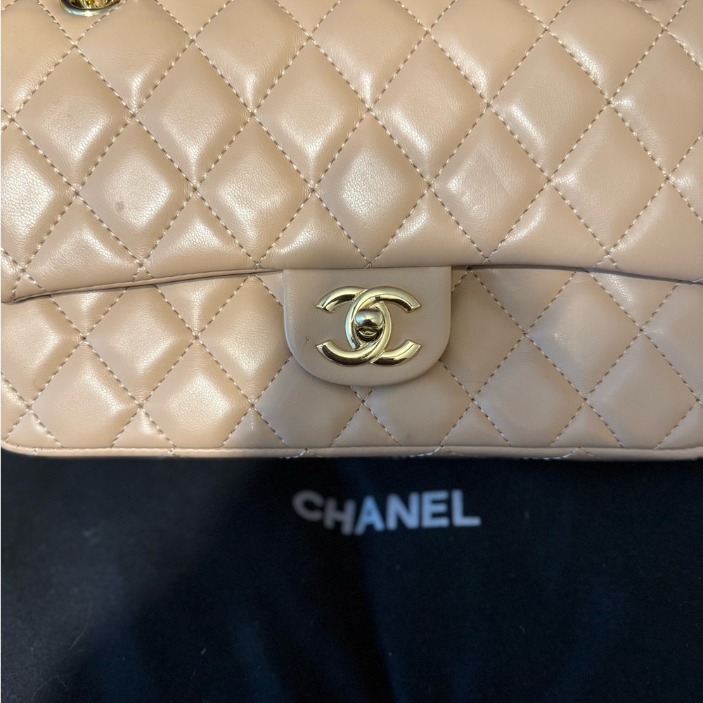 Tan Quilted Shoulder Bag with Gold Hardware